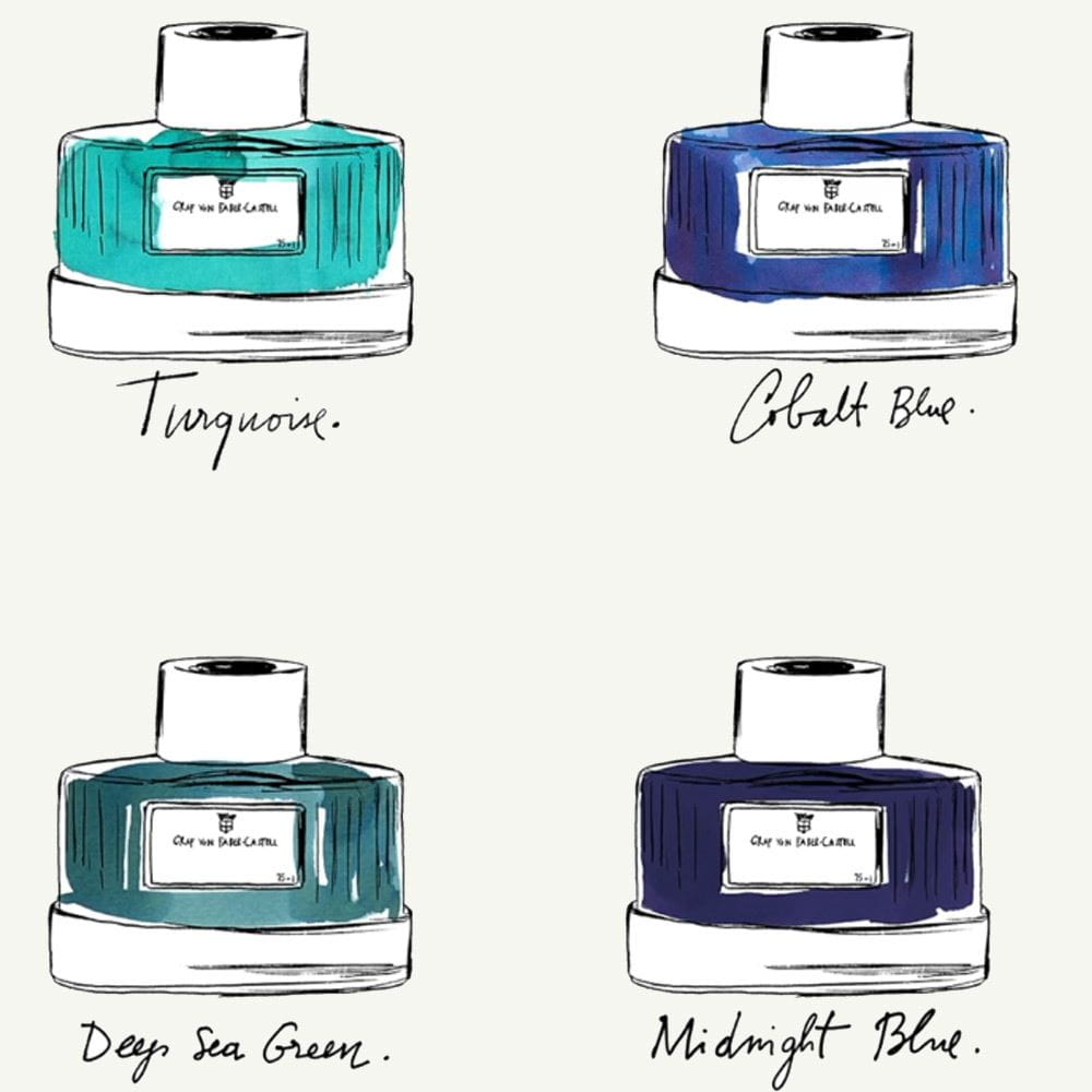 Sketches of Fountain Pen ink bottles shades of blue